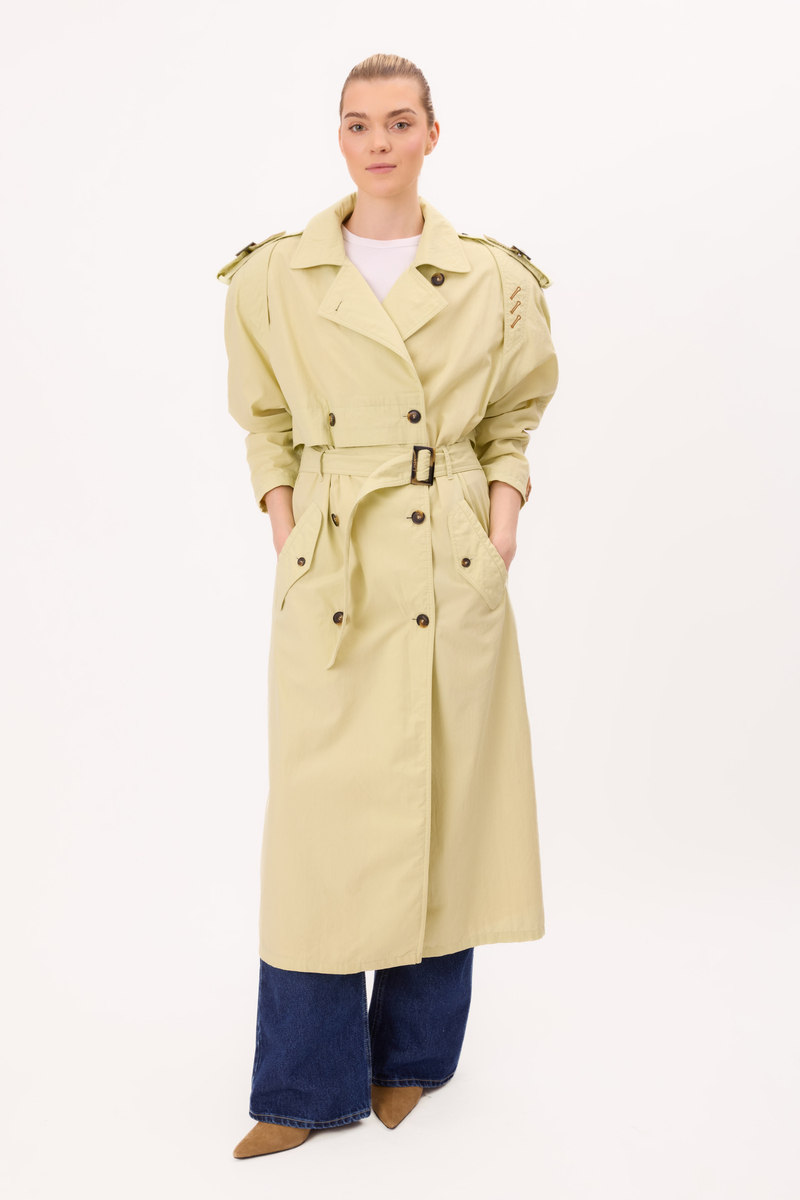DŁUGI JASNOZIELONY MAXI TRENCH COAT REGULOWANY W TALII PŁASZCZ Z PASKIEM 