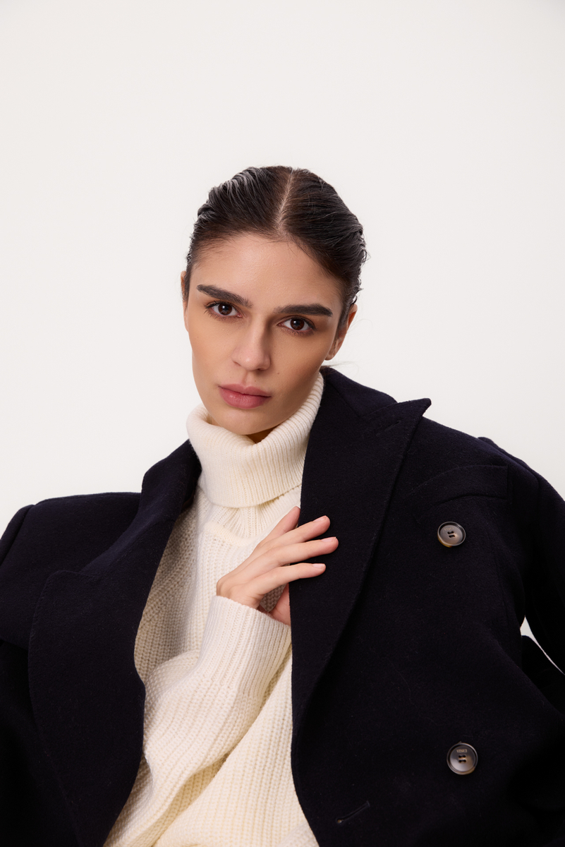 MIDI DARK NAVY BLUE ADJUSTABLE WAIST WOOL COAT