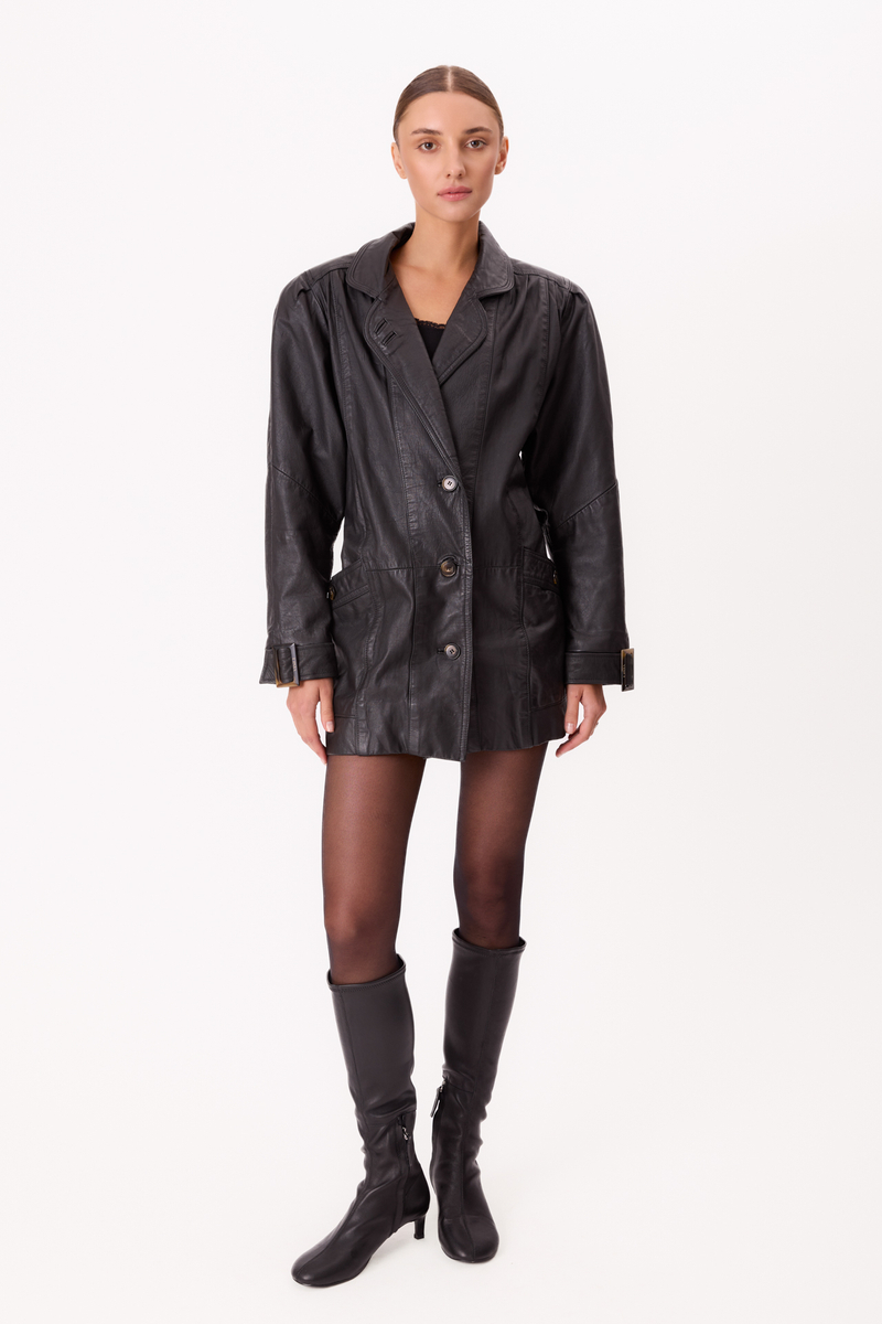 LONG WAISTED LEATHER JACKET WITH BUCKLES