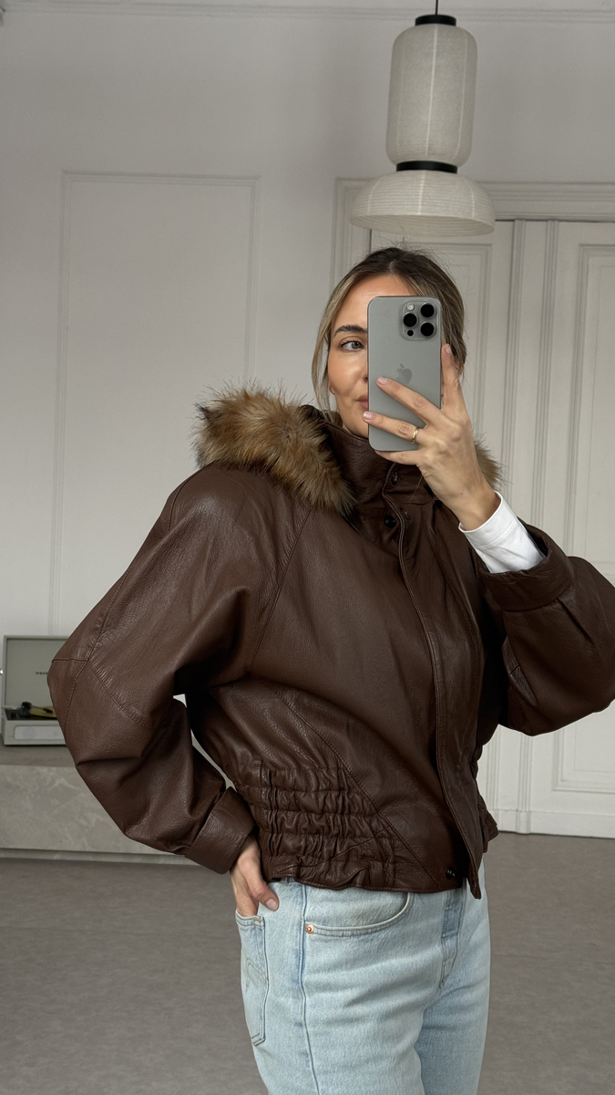  BROWN LEATHER JACKET WITH DETACHABLE FUR COLLAR