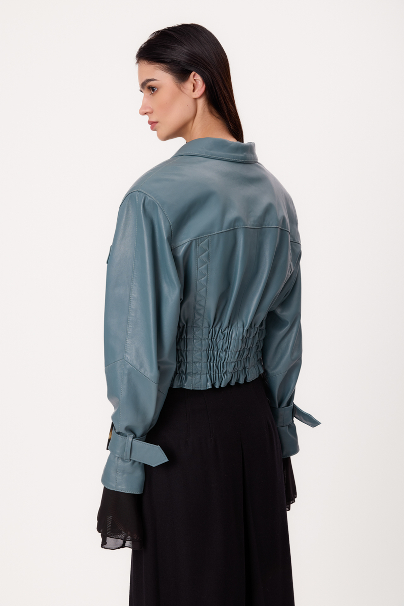 BLUE ADJUSTABLE WAIST TALL LEATHER JACKET WITH BUCKLES