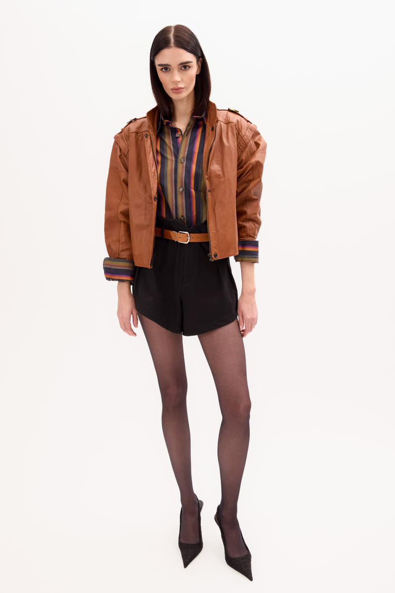 CAMEL LEATHER JACKET WITH DETACHABLE SLEEVES