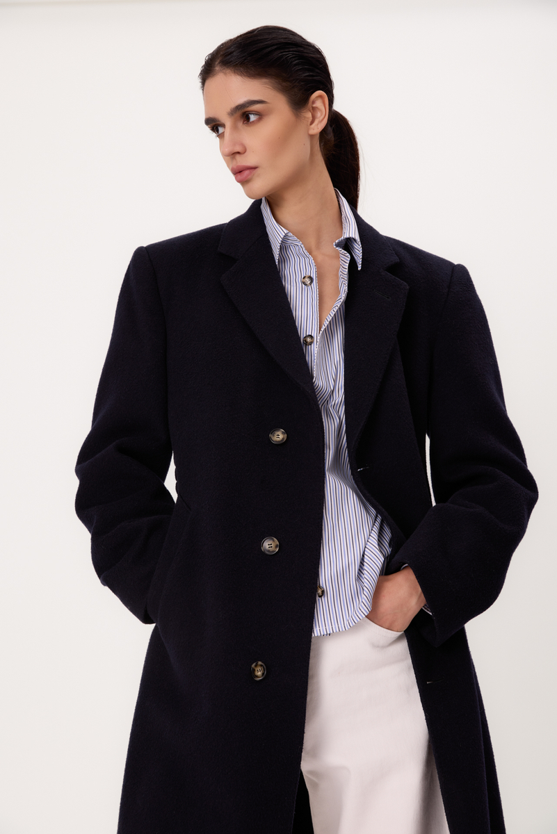 MIDI NAVY BLUE CLASSIC ADJUSTABLE WAIST WOOL COAT
