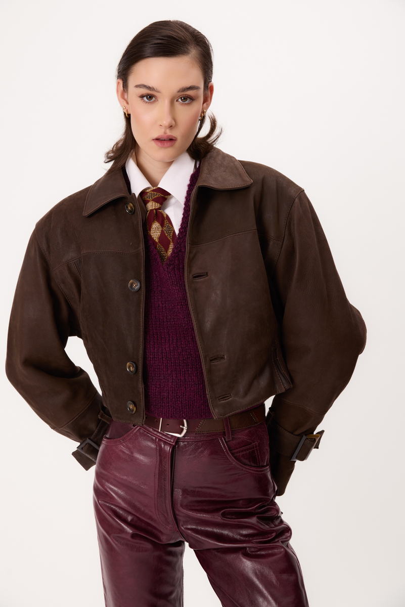 BROWN SUEDE LEATHER JACKET WITH BUCKLES