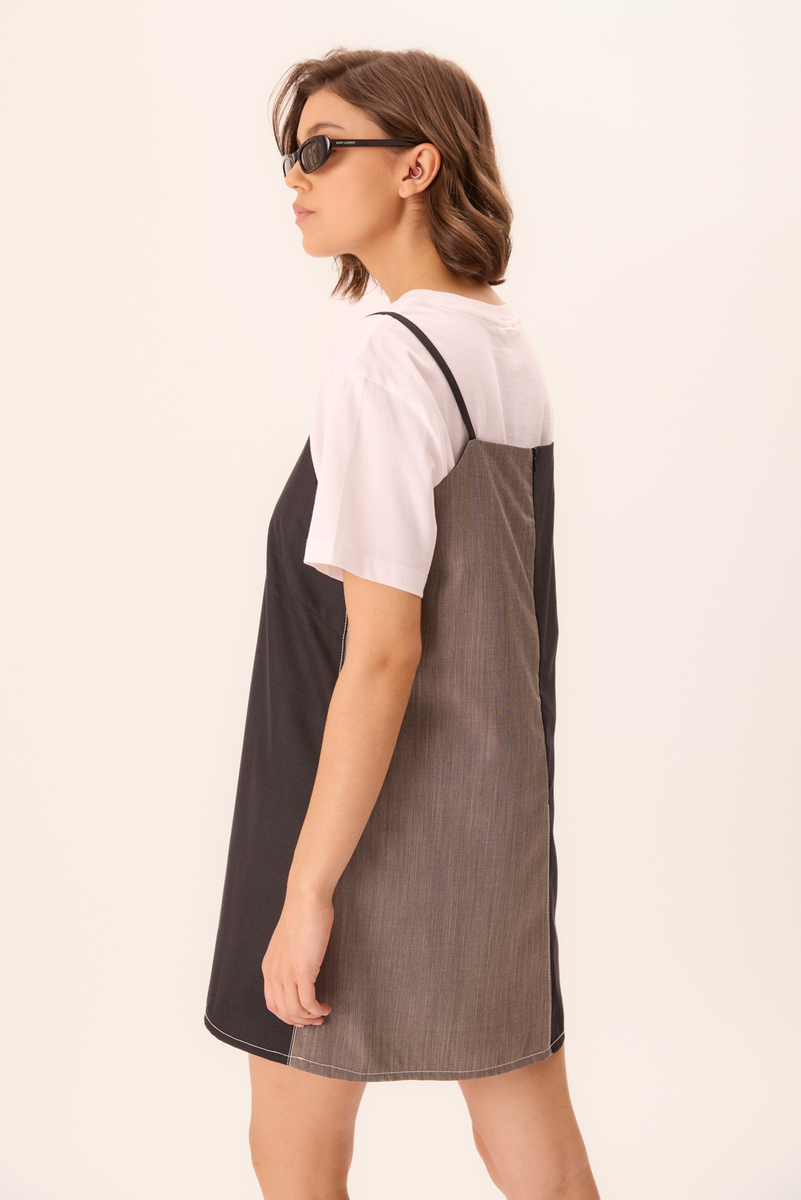 GREY SHORT STRAIGHT CUT TWO-COLOR DRESS