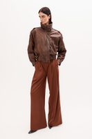 CHOCOLATE LEATHER BOMBER JACKET WITH HIGH COLLAR