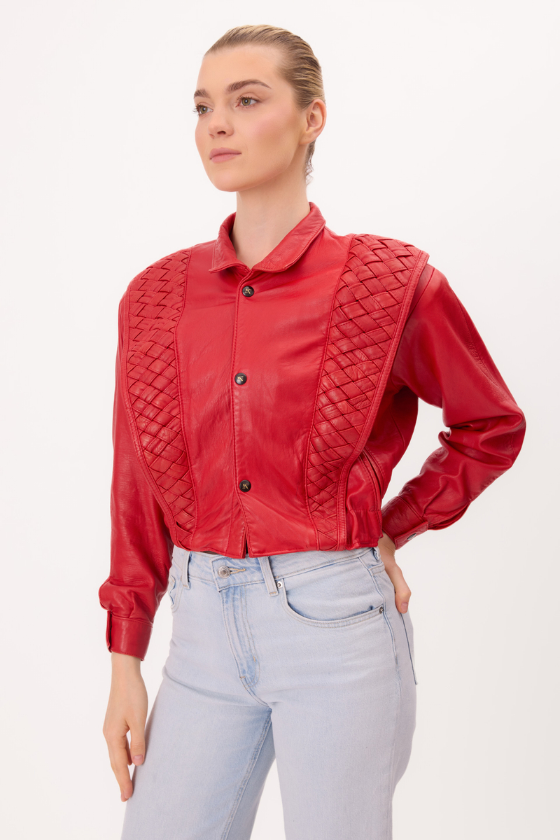 RED EMBELLISHED LEATHER JACKET