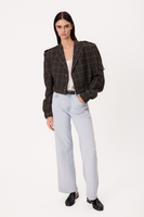 DARK GREEN TALL SHORT BOMBER JACKET WITH BLUE CHECKERED