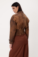 SHORT BROWN ADJUSTABLE WAIST EMBELLISHED PETITE LEATHER JACKET
