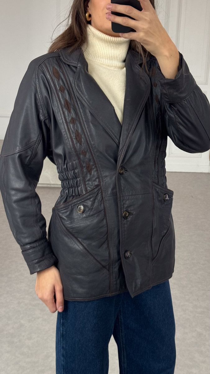 LONG WAISTED LEATHER JACKET WITH DECORATIVE EMBOSSING