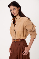 BEIGE PETITE SUEDE LEATHER BOMBER JACKET