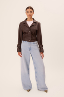 CHOCOLATE LEATHER JACKET WITH DECORATIVE BUCKLES IN CUT No5