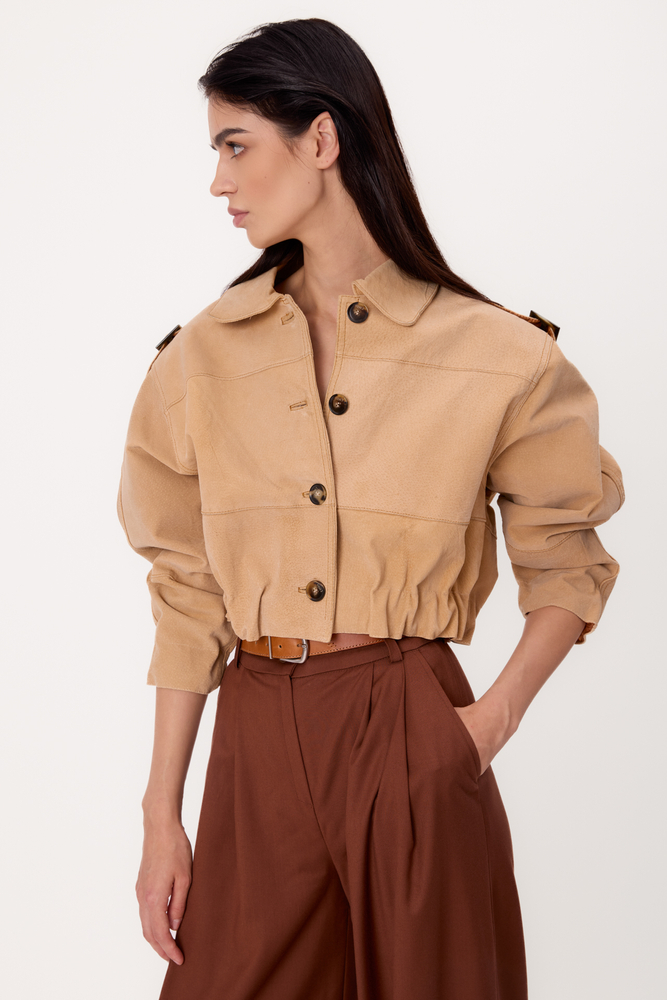 BEIGE PETITE SUEDE LEATHER BOMBER JACKET