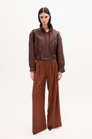 BROWN LEATHER BOMBER JACKET WITH BUTTON-UP COLLAR