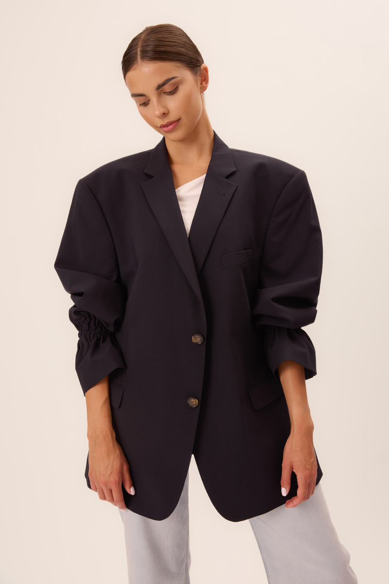 LONG PLAIN NAVY BLUE FITTED JACKET WITH ELASTIC SLEEVES