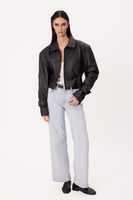 SHORT BLACK ADJUSTABLE WAIST REGULAR LEATHER JACKET WITH BUCKLES