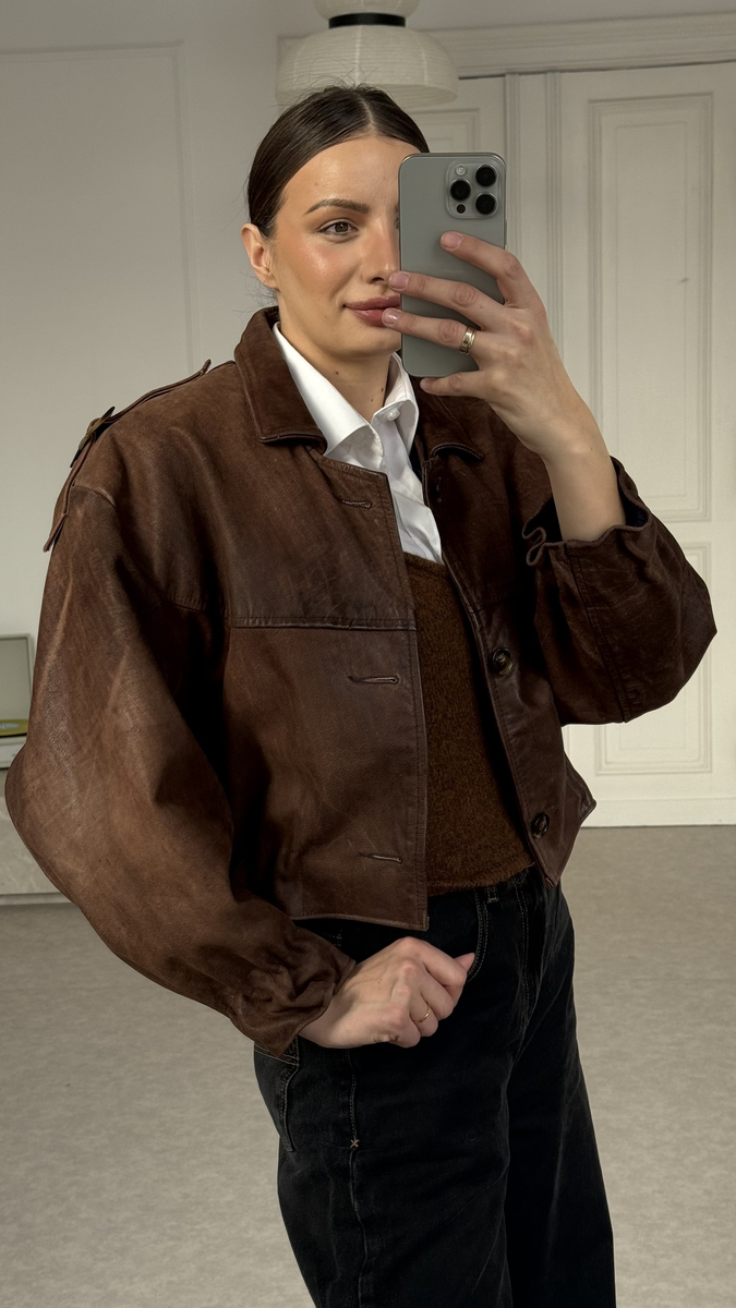 BROWN DIPPED LEATHER JACKET WITH EPADS