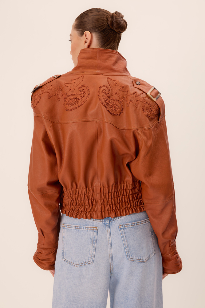 DECORATIVE RED WAISTED LEATHER JACKET WITH EPAGUNS