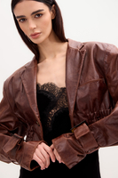 BROWN LEATHER JACKET WITH BUCKLES AND DEEP COLLAR