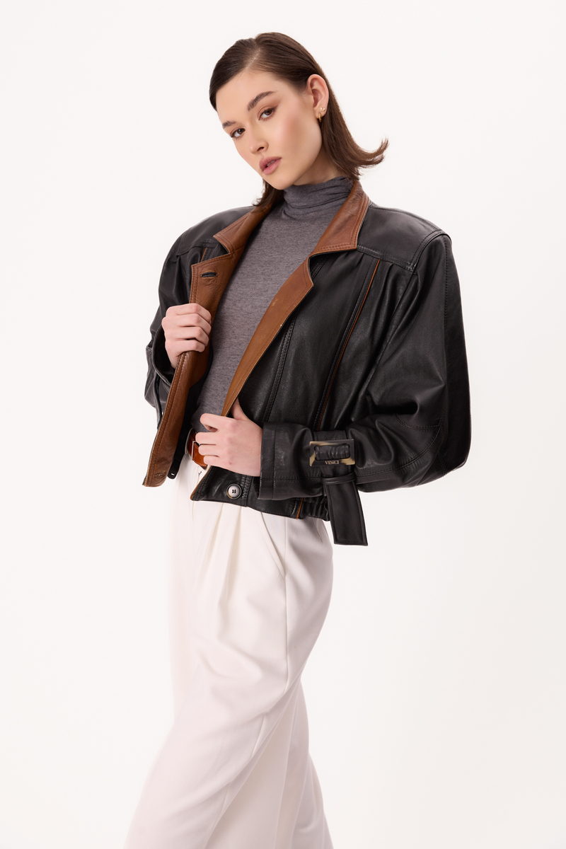 BLACK FITTED LEATHER JACKET WITH BROWN INSERTS
