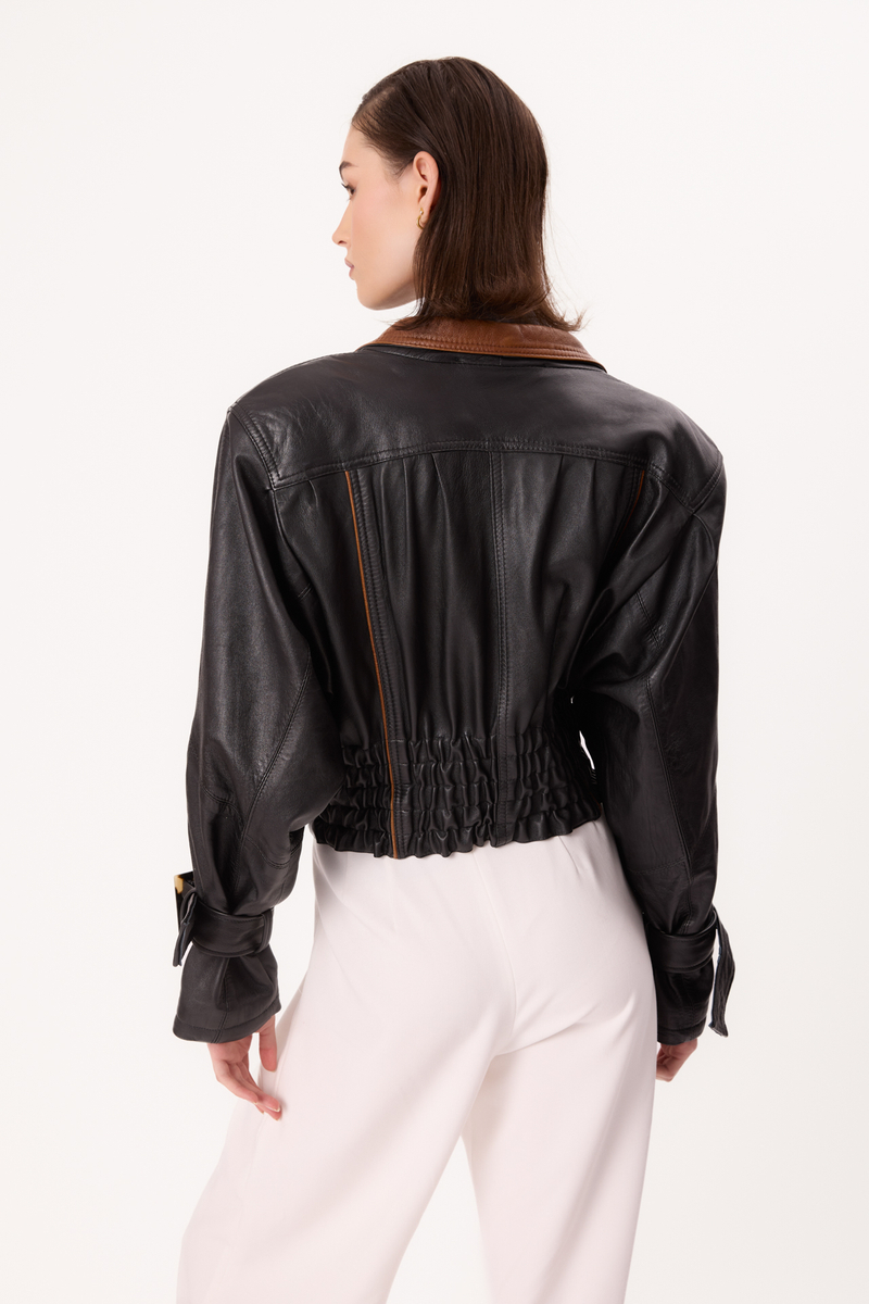 BLACK FITTED LEATHER JACKET WITH BROWN INSERTS