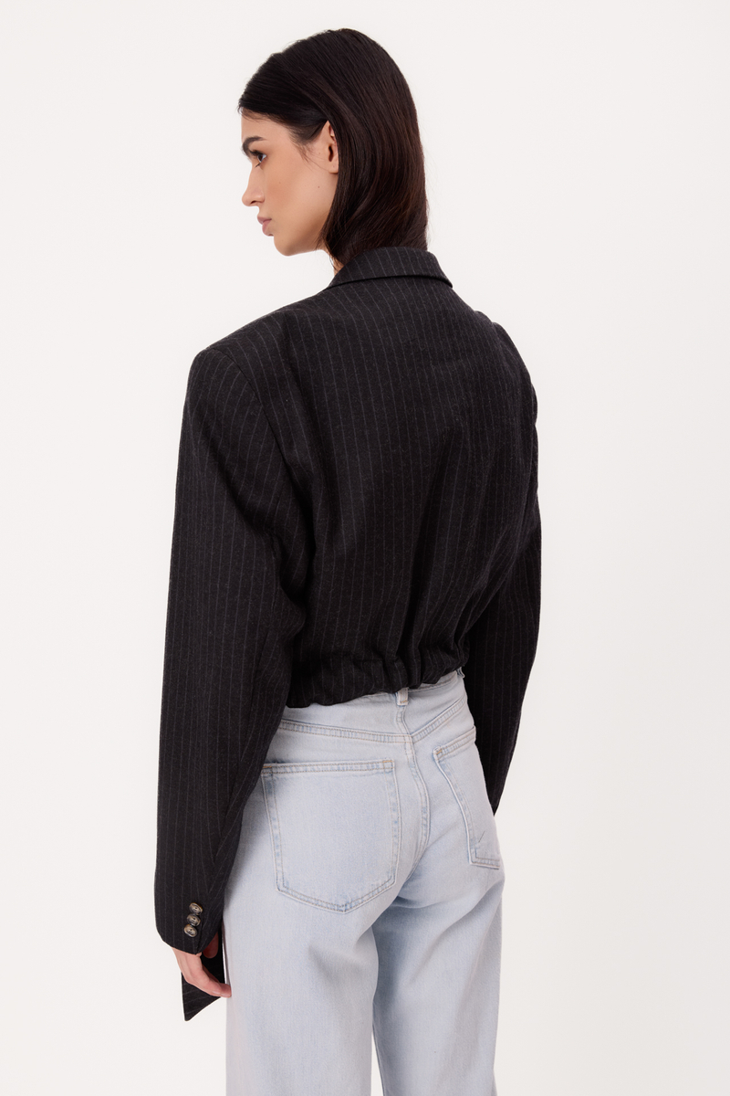 SHORT STRAIGHT NAVY BLUE TALL JACKET WITH LIGHT PINSTRIPE WITH BELT MODEL No3