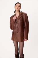 BROWN LONG-LENGTH FITTED LEATHER JACKET