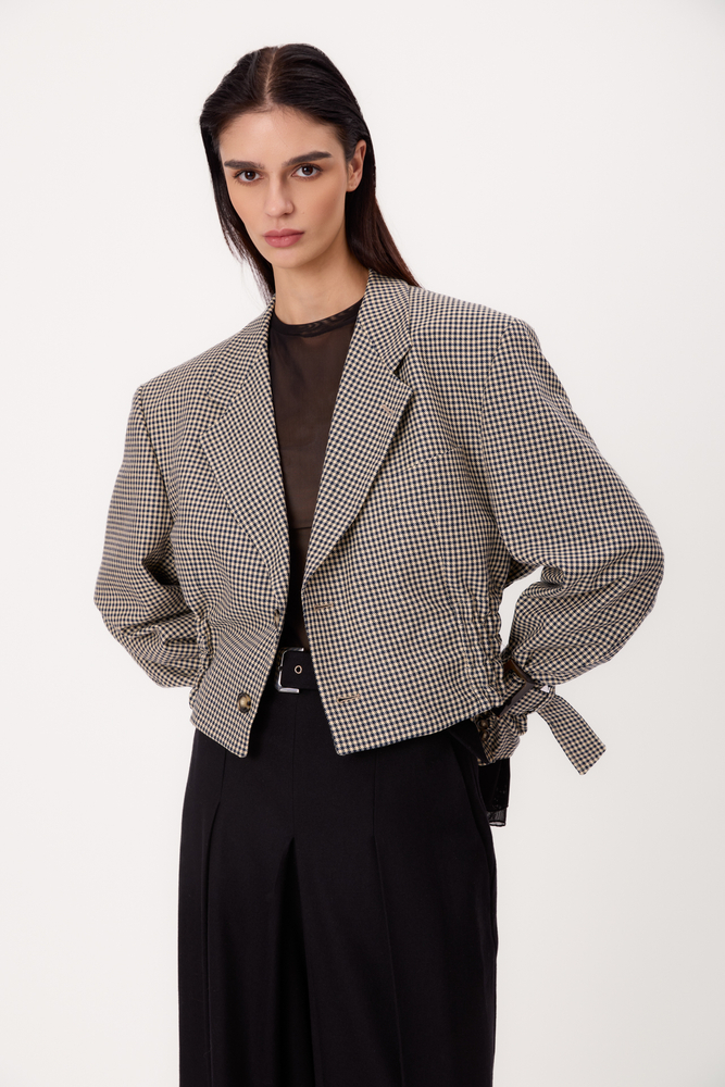 BEIGE ADJUSTABLE WAIST REGULAR JACKET MODEL No. 5 WITH NAVY HOUNDSTOOTH PATTERN