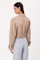 BEIGE ADJUSTABLE WAIST PETITE LEATHER JACKET WITH BUCKLES