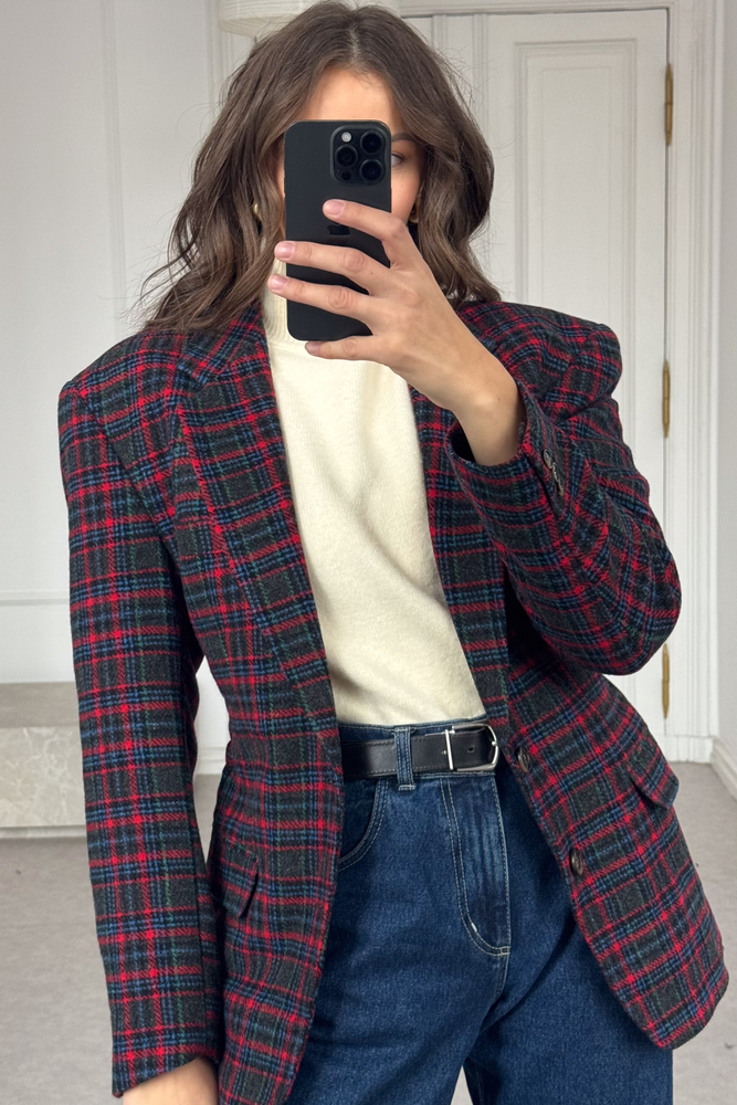 NAVY BLUE LONG SLEEVE BLAZER WITH RED GREEN AND BLUE CHECK