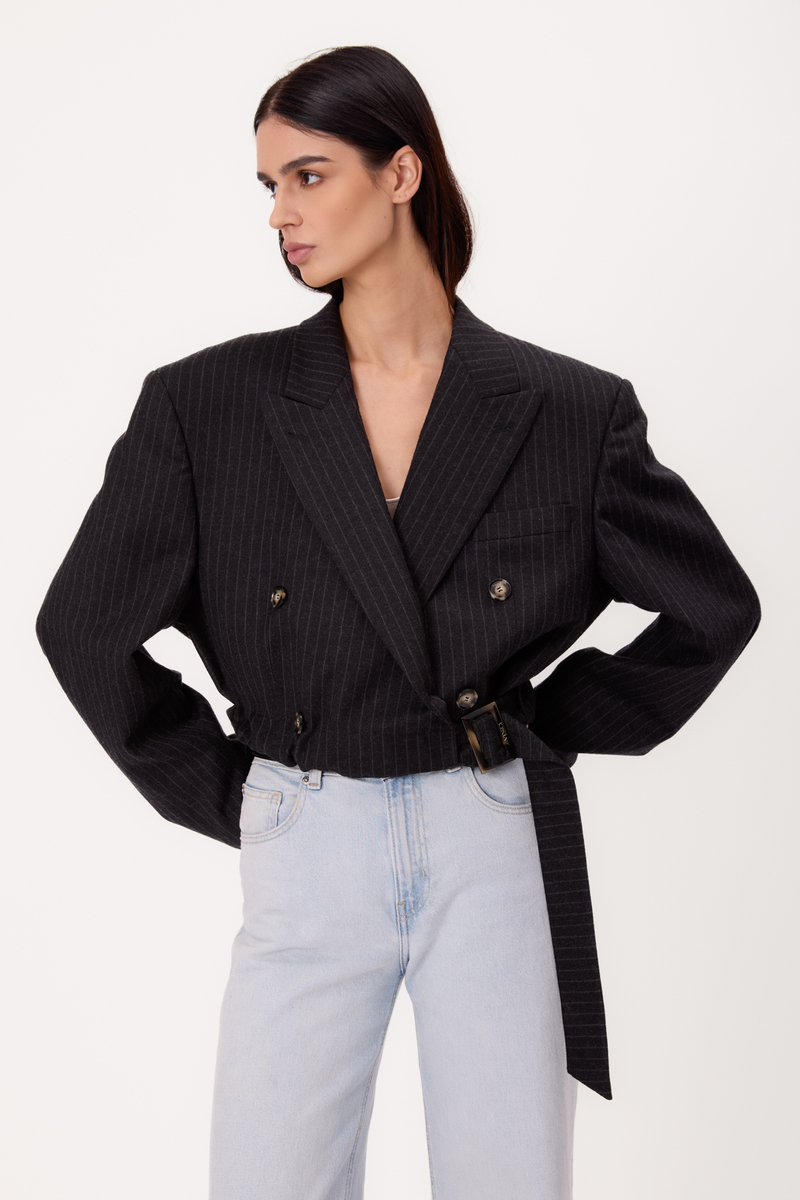SHORT STRAIGHT NAVY BLUE TALL JACKET WITH LIGHT PINSTRIPE WITH BELT MODEL No3