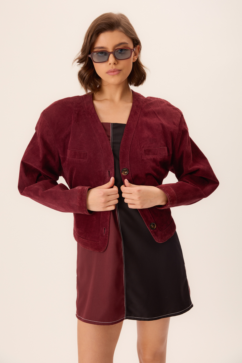 BURGUNDY SUEDE FITTED LEATHER JACKET