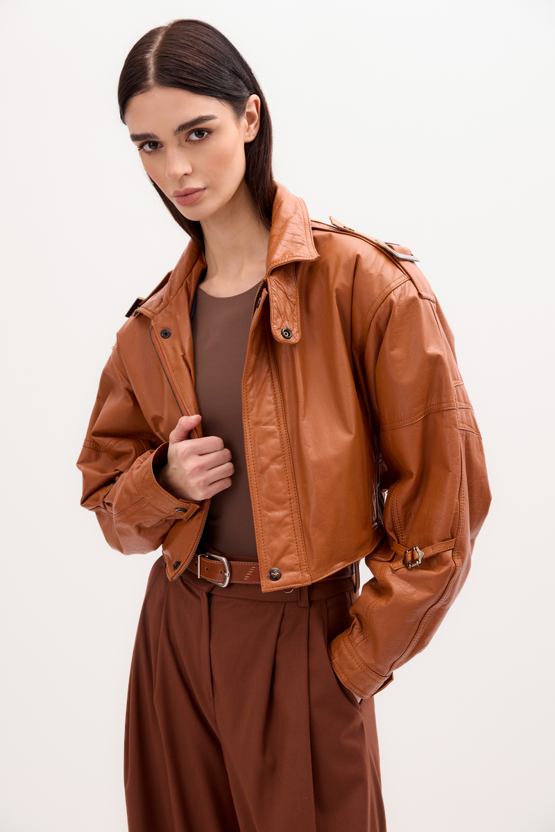 RED LEATHER BOMBER JACKET WITH HIGH COLLAR