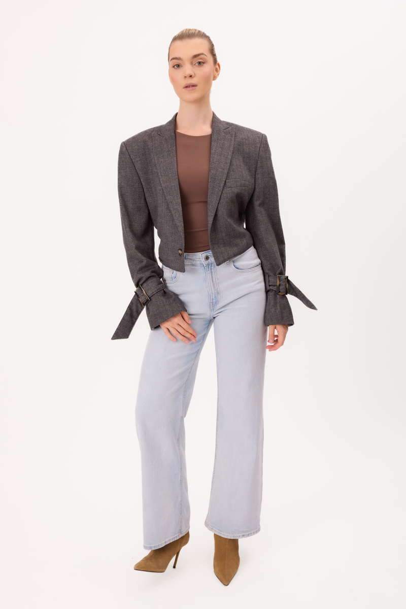 GRAY FITTED JACKET No5 WITH STRONG SHOULDER AND ADJUSTABLE WAIST