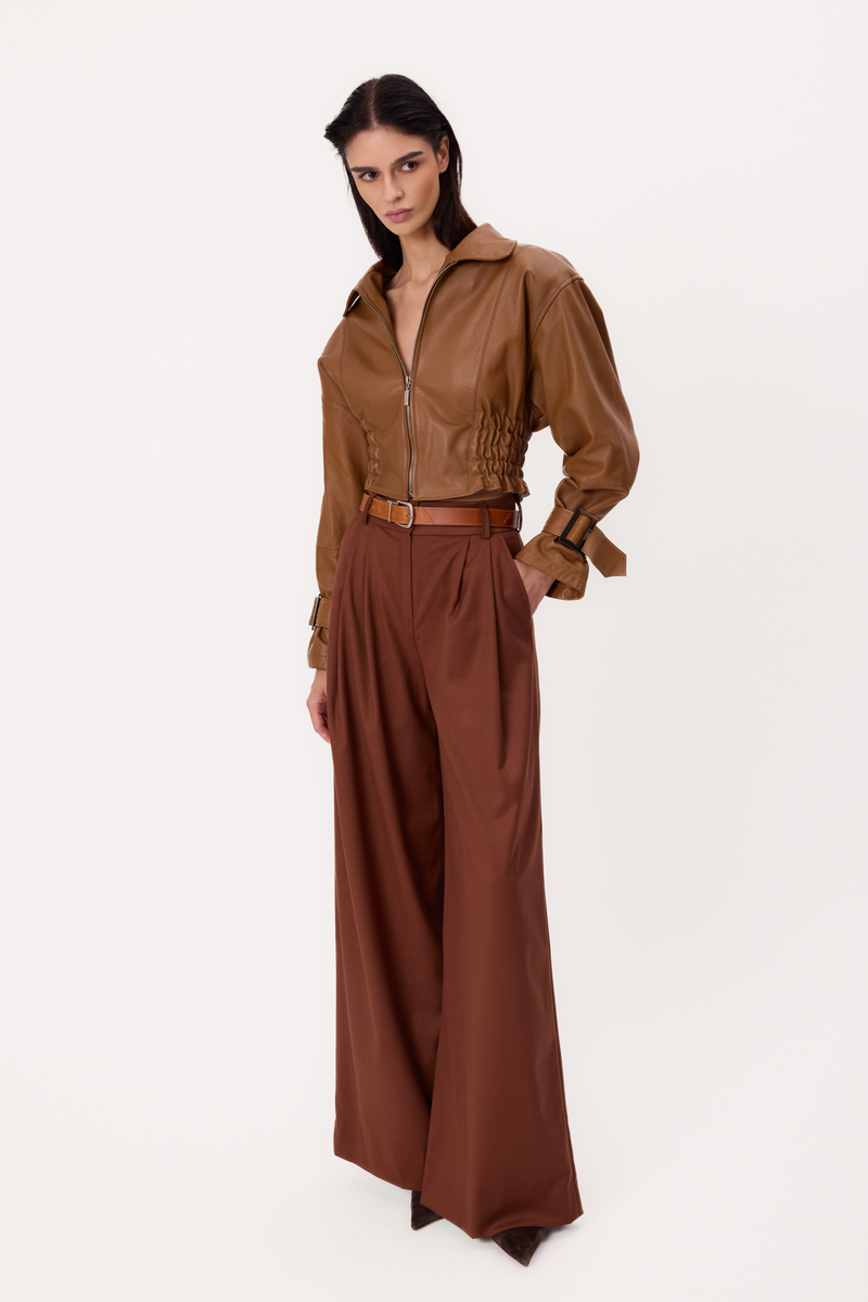 SHORT BROWN ADJUSTABLE WAIST PETITE LEATHER JACKET WITH ZIPPER AND BUCKLES