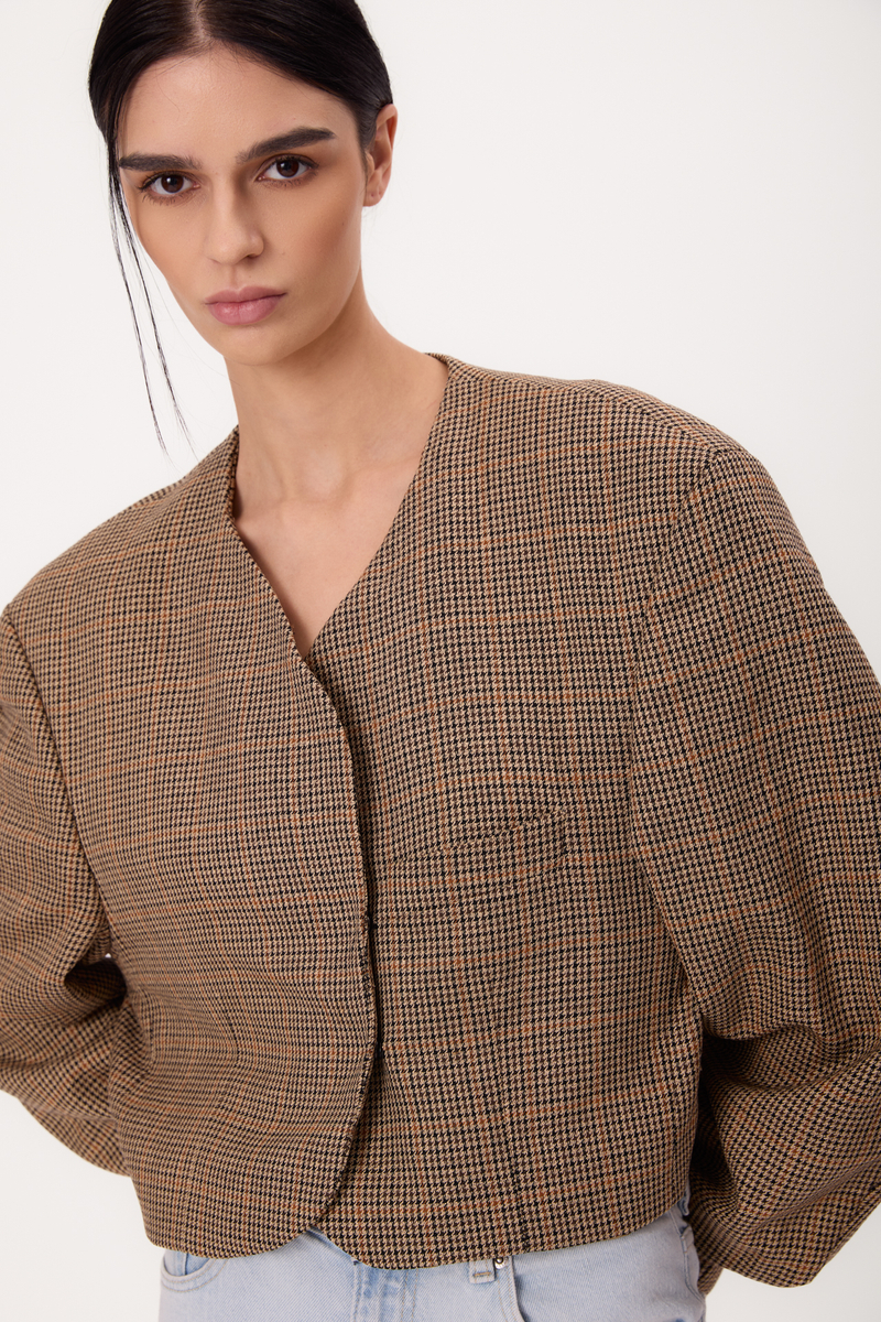 SHORT STRAIGHT BEIGE REGULAR JACKET WITH HOUNDSTOOTH AND LIGHT CHECK MODEL No9