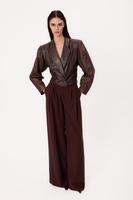SHORT CHOCOLATE LEATHER ADJUSTABLE WAIST PETITE BIKER JACKET
