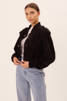 BLACK VELVET SHORT BOMBER JACKET WITH SHOULDER ELEMENTS