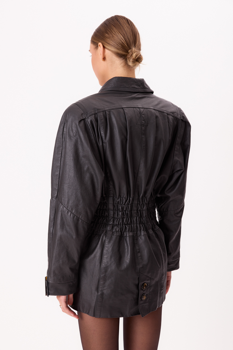 LONG WAISTED LEATHER JACKET WITH BUCKLES