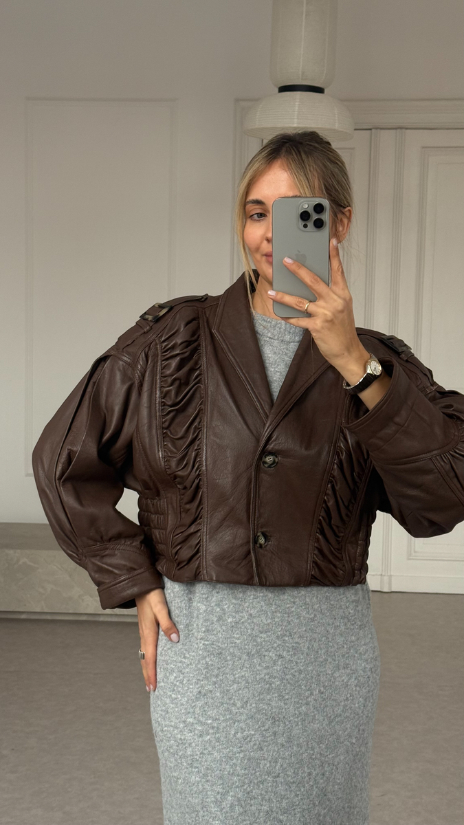 BRĄZOWA KURTKA SKÓRZANA W KROJU BOMBER