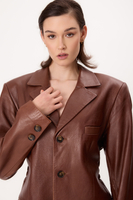 BROWN LONG-LENGTH FITTED LEATHER JACKET