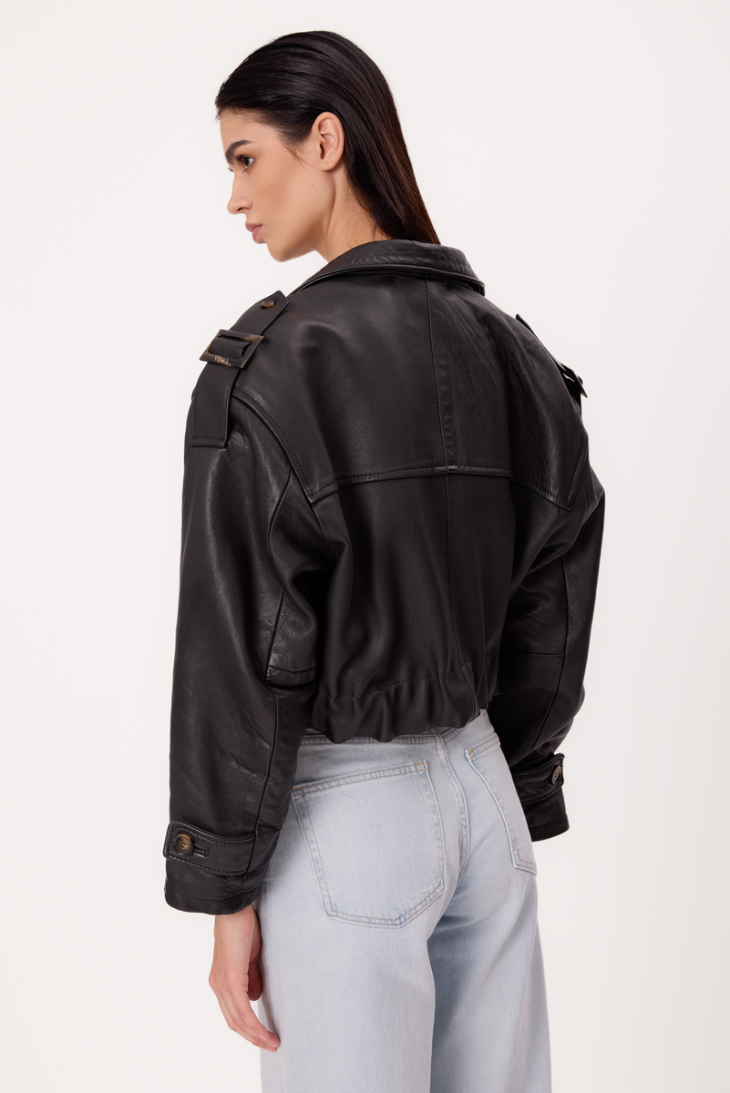 SHORT BLACK ADJUSTABLE WAIST PETITE LEATHER JACKET