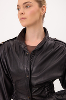 SHORT WAISTED BLACK LEATHER JACKET WITH MANDARIN COLLAR