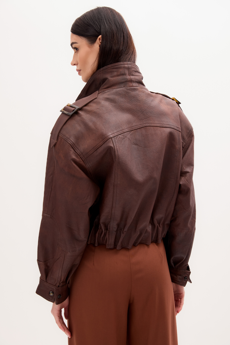 BROWN LEATHER BOMBER JACKET WITH BUTTON-UP COLLAR
