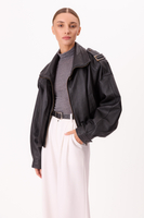 BLACK LEATHER JACKET WITH EPAULOS AND HIGH COLLAR