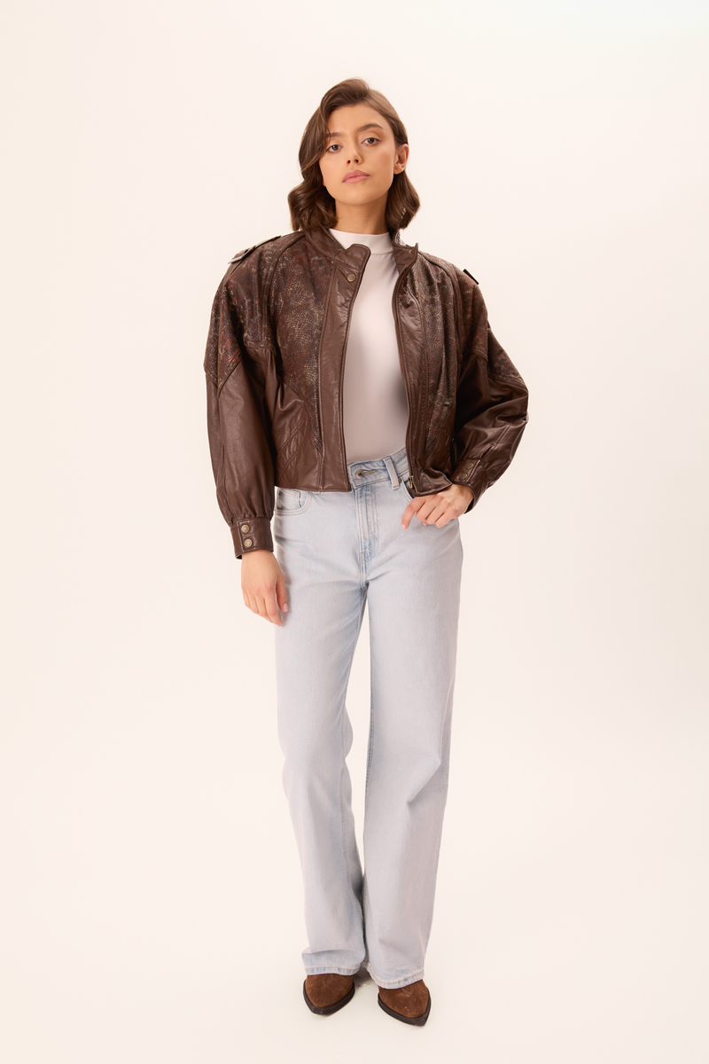 BROWN TEXTURED EMBELLISHED LEATHER JACKET