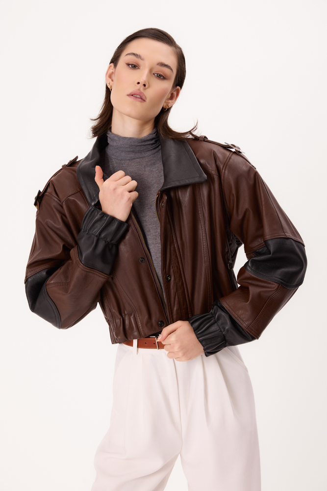 BROWN AND BLACK LEATHER BOMBER JACKET