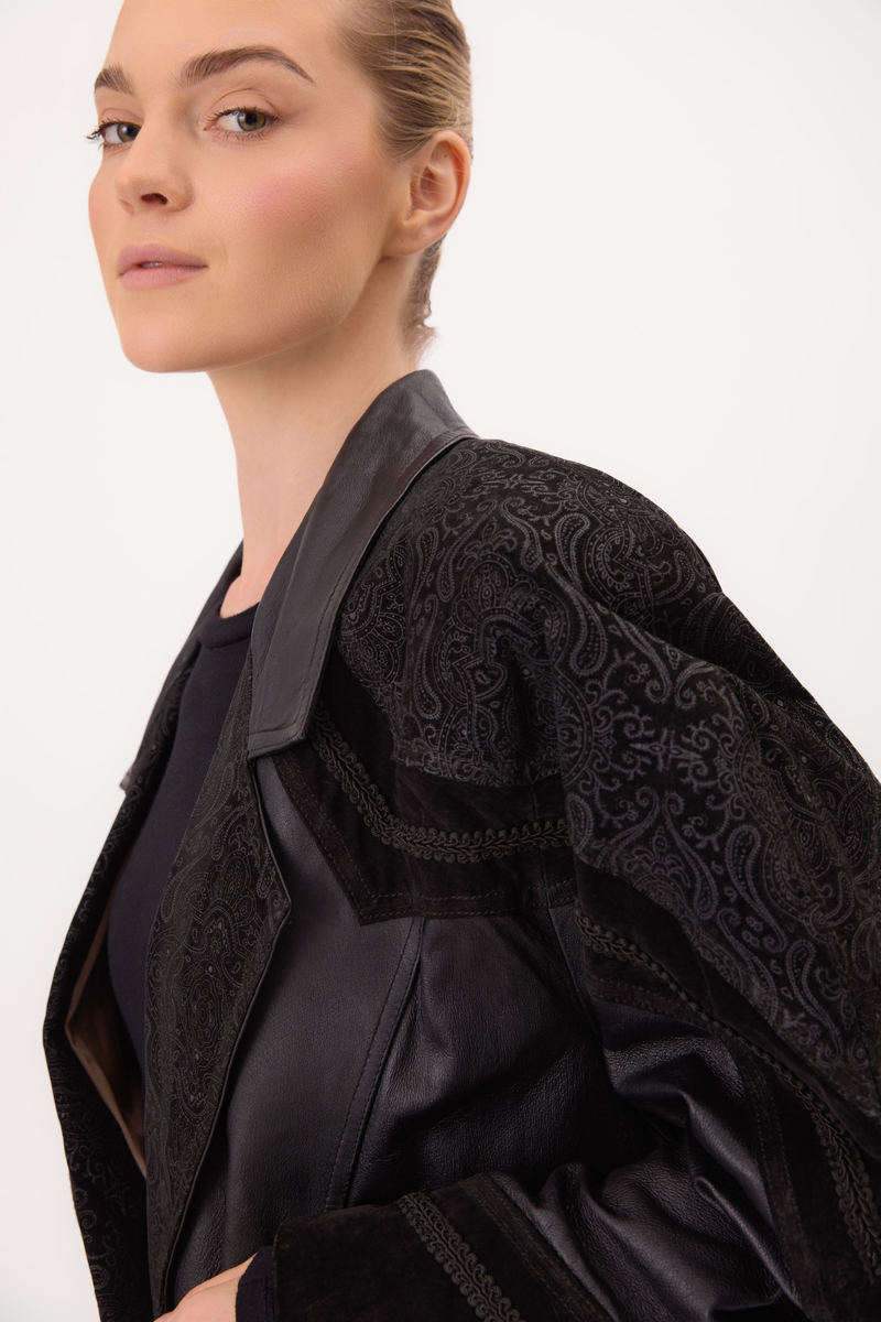 BLACK LEATHER FITTED COAT WITH DECORATIVE VELVET INSERTS