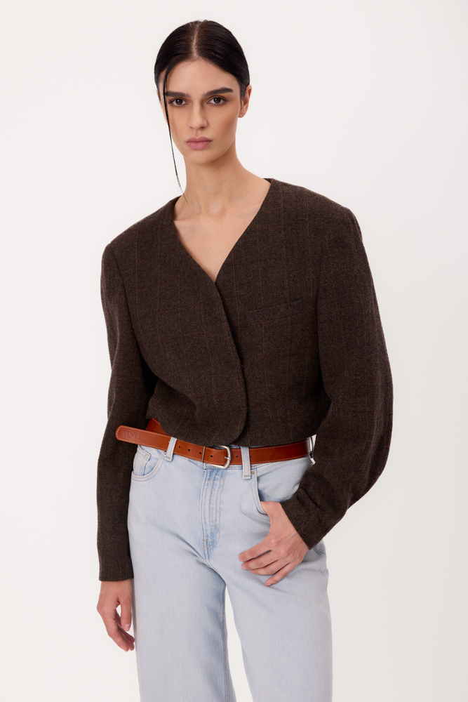 SHORT STRAIGHT CHOCOLATE CHECKED PETITE JACKET