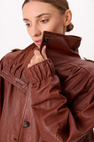 BROWN LEATHER BOMBER JACKET WITH HIGH COLLAR